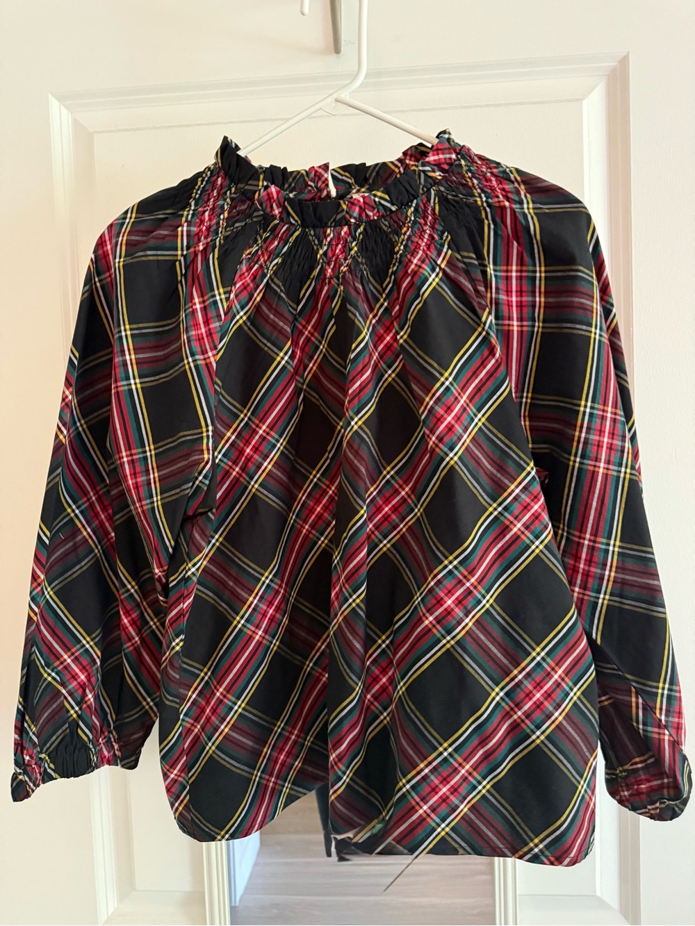 J. Crew Women’s Black Plaid Smocked-Neck Long Sleeve Top, NWT, Medium